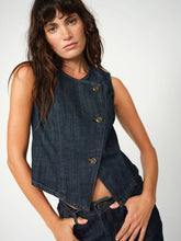Load image into Gallery viewer, Woman wearing a sleeveless denim vest on a white background