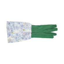 Load image into Gallery viewer, A long sleeve cotton gardening glove with a floral pattern on the wrist and a solid green color for the sleeve.