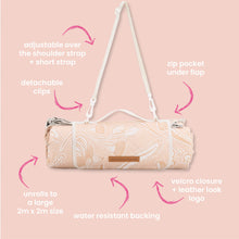 Load image into Gallery viewer, Diagram of tan floral picnic mat showing features.
