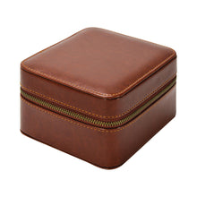 Load image into Gallery viewer, A brown, closed-zip watch case made of vegan leather, designed to hold two watches.